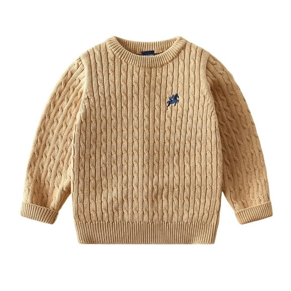 FAOWME Big Boys Sweater Knitted Long Sleeve Crew Neck Embroidered Warm Soft Fashion Casual Pullover Top For Fall Winter Daily Wear Coffee 7-8 Years