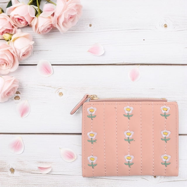 unbranded Billetera De Mujer Rosa Con Bordado Floral Suave En PU Portátil Para Viaje Y Uso Diario