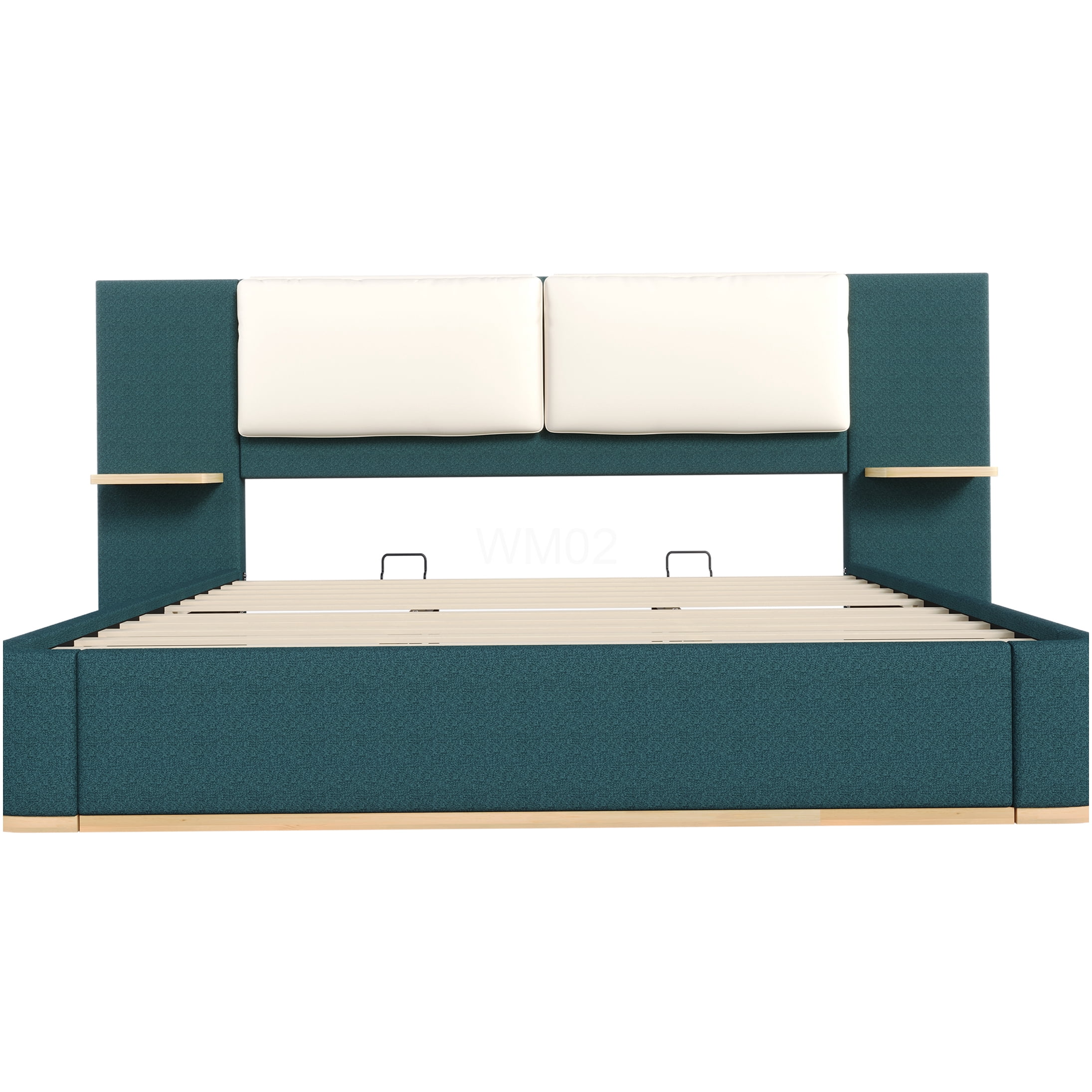 King Size Upholstered Storage Bed Frame with Headboard, Modern Platform Bed with Side Shelves, No Box Spring Needed, Green Fabric Bedroom Furniture