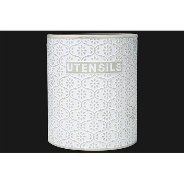 Urban Trends Collection 51917 Terracotta Round Utensil Jar with Embossed Utensils Writing & Interlocking Hexagon Pattern Design Body Coated, Gray