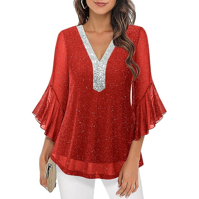 Ounisa Women's Ruffle 3/4 Sleeve Sparkly Tops Sequin V Neck Blouses Dressy Fall Shirts