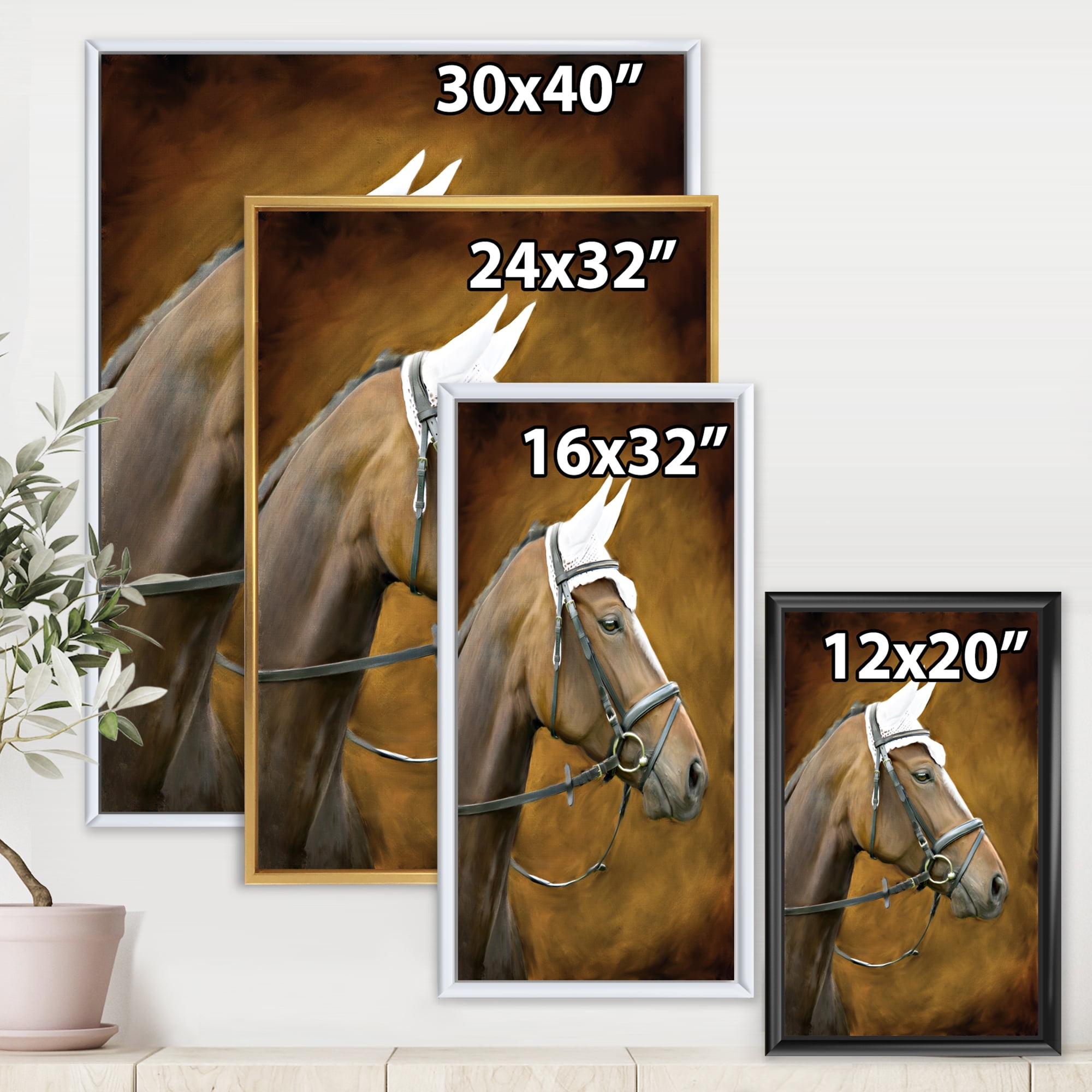 Close Up Portrait Of Brown Horse With White Ears 12 in x 20 in Framed Photography Canvas Art Print, by Designart