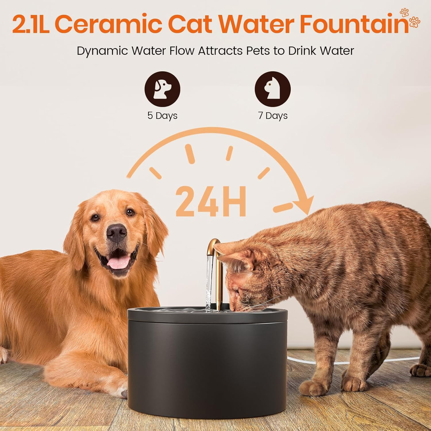 Ceramic Cat Water Fountain - 2.1L/71oz - All-Ceramic Body & Pure Copper Water Spout - Non-Toxic - Automatic Pet Drinking Fountain Indoor with Ultra-Quiet Pump, and 3Pcs Filter & Sponge