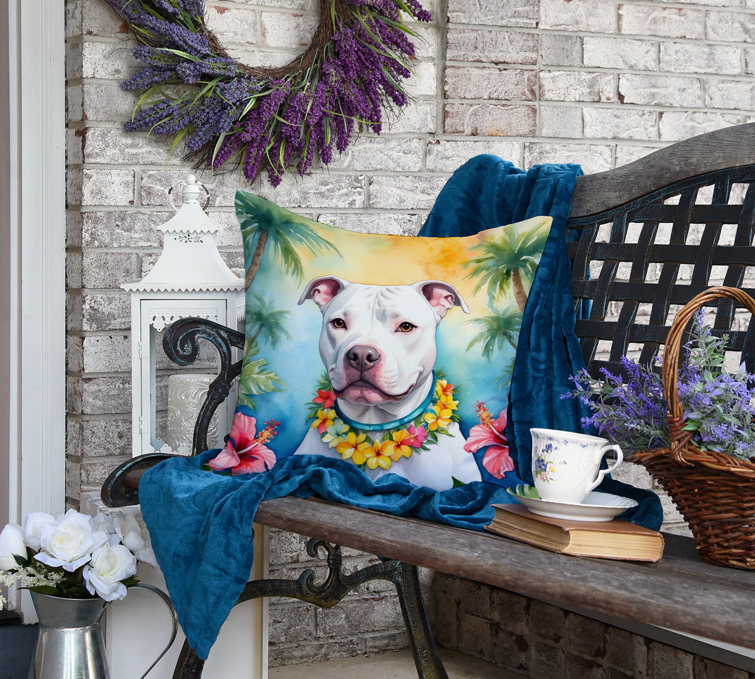 Pit Bull Terrier Luau Throw Pillow 18 in x 18 in