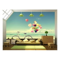 wall26 - Bicycle Vintage with Heart Balloon on Beach Blue Sky Concept of Love in Summer and Wedding - Removable Wall Mural | Self-Adhesive Large Wallpaper - 66x96 inches