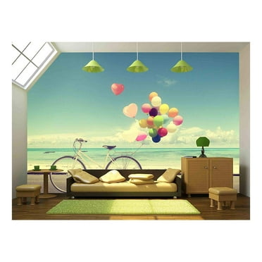 wall26 - Bicycle Vintage with Heart Balloon on Beach Blue Sky Concept of Love in Summer and Wedding - Removable Wall Mural | Self-Adhesive Large Wallpaper - 66x96 inches