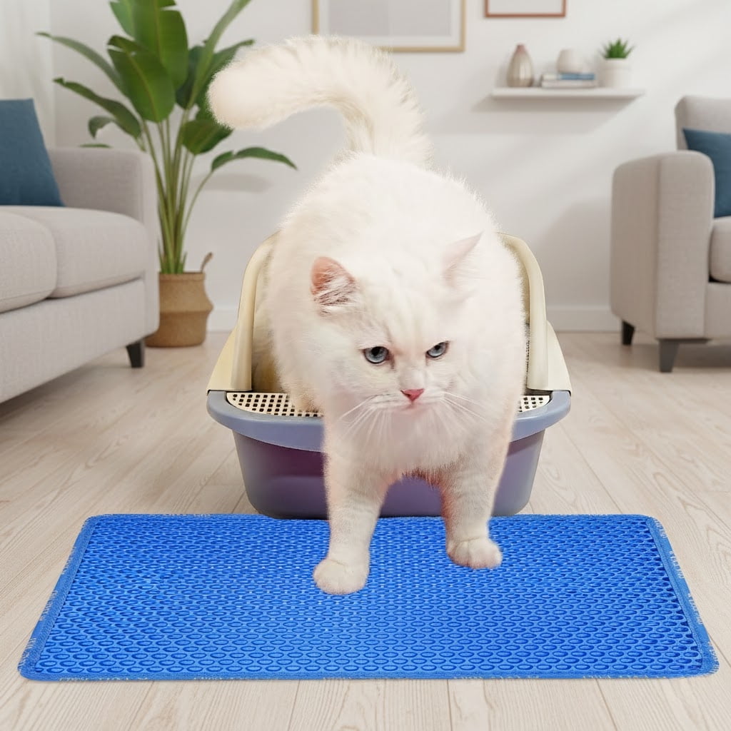 Cat Litter Mat for Litter Box, Double Layer Trapping Mat with Waterproof Bottom, 21x14in Kitty Litter Scatter Control Mat, Blue EVA Scratch Pad for Cat Paws, Easy Clean