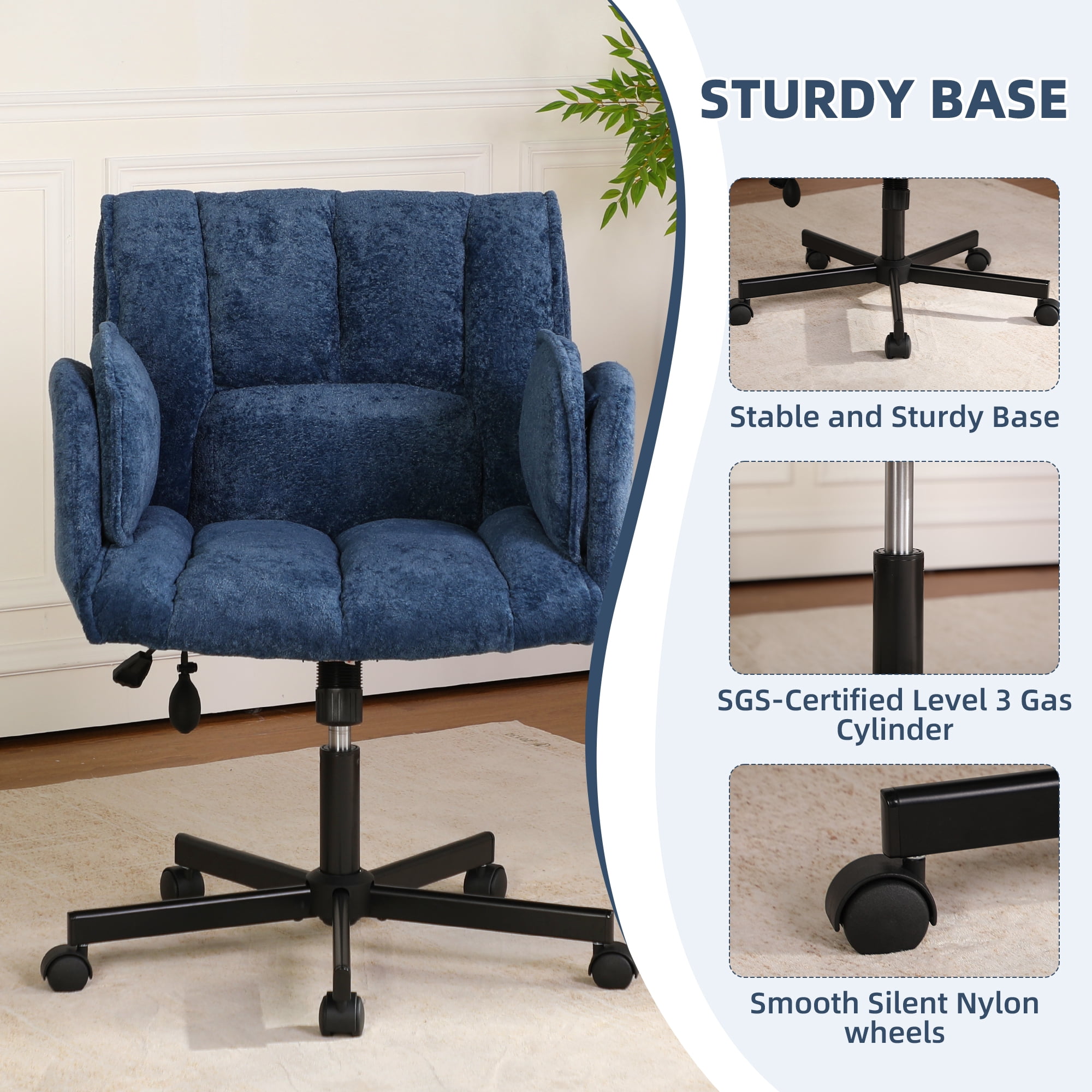 Cross Legged Office Chair with Wheels & Dynamic Airbag Lumbar Support, Criss Cross Wide Seat, 5-Position Fold-Down Armrests, Swivel Vanity Chair for Home Office, Blue