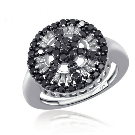 JewelersClub 1.00 CTW Round & Baguette cut Black & White Diamond Wheel Sterling Silver Ring
