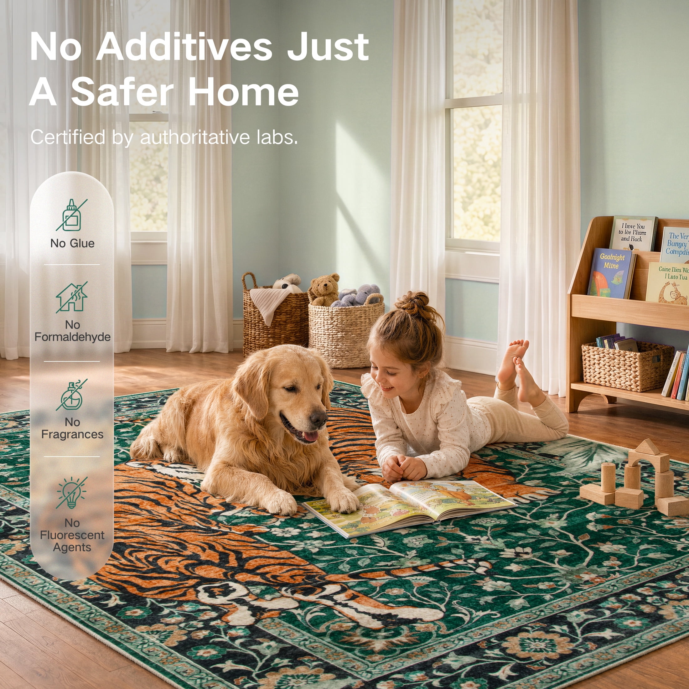 Moynesa Vintage Tiger 8'x10' Large Area Rug for Living Room, Washable Tropical Boho Rug Distressed Botanical Floral Accent Carpet for Bedroom Dining Room Low Pile Non Slip Stain Resistant, Green