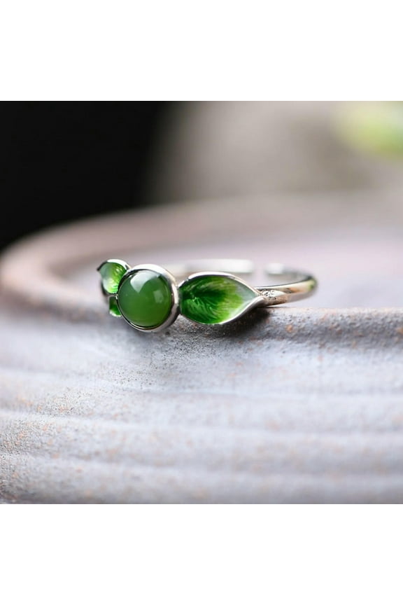 Real 925 Sterling Silver Band Men Women Jade Jasper Enamel Leaf Ring