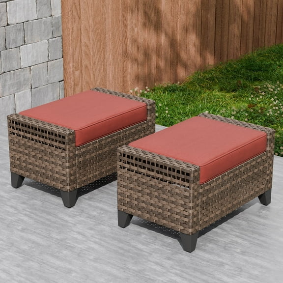 EAGLE PEAK 2 Piece Wicker Outdoor Ottoman, Patio Ottoman Foot Rest for Couch with Removable Cushions for Patio, Deck, Backyard and Poolside, Brown/Red