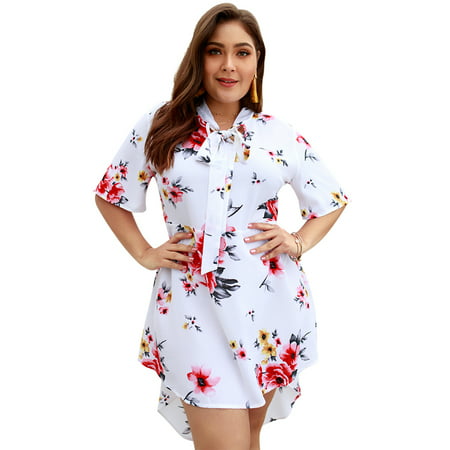 Womens Plus Size Dresses - Womens V-neck Short Sleeve Dress Lace Up Floral Dress Beach Party Summer Dress with Tie