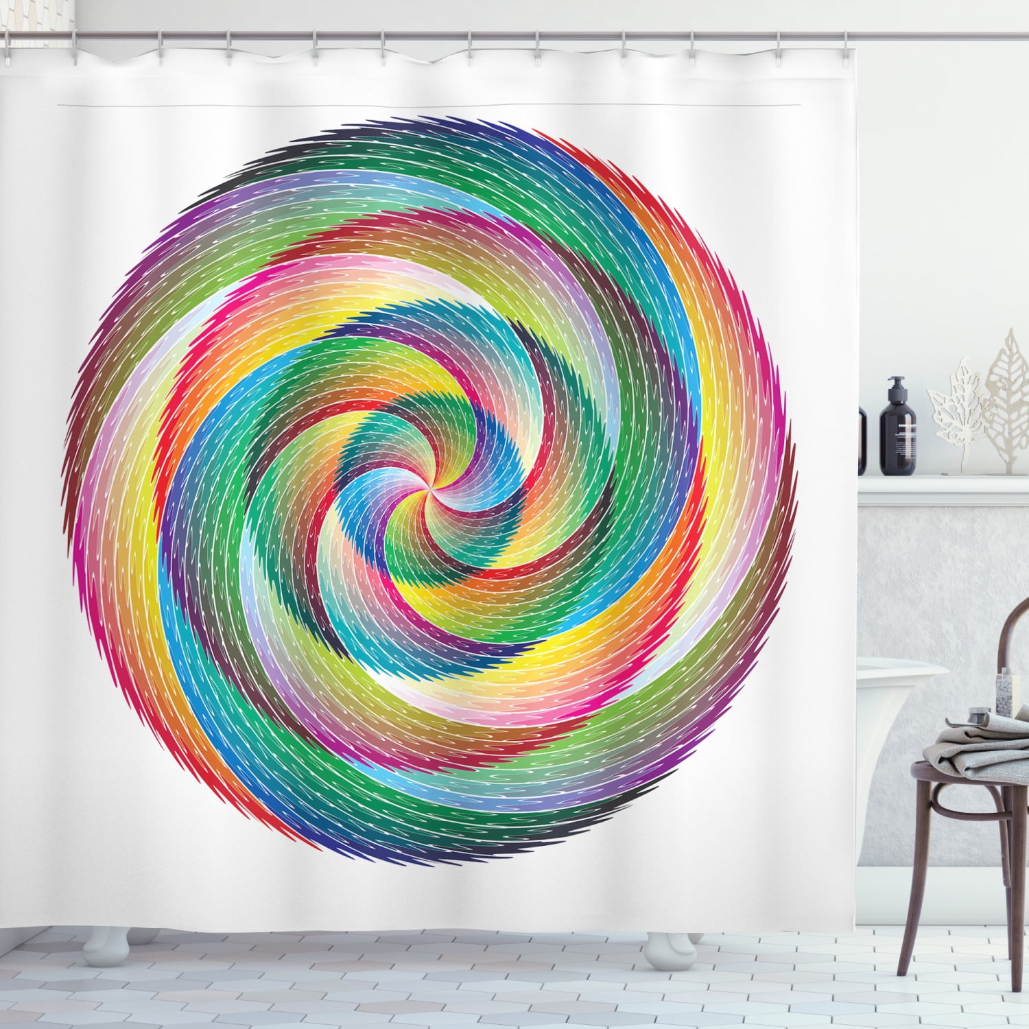 Rainbow Shower Curtain, Artistic Spiral Rosette Pattern with Wavy