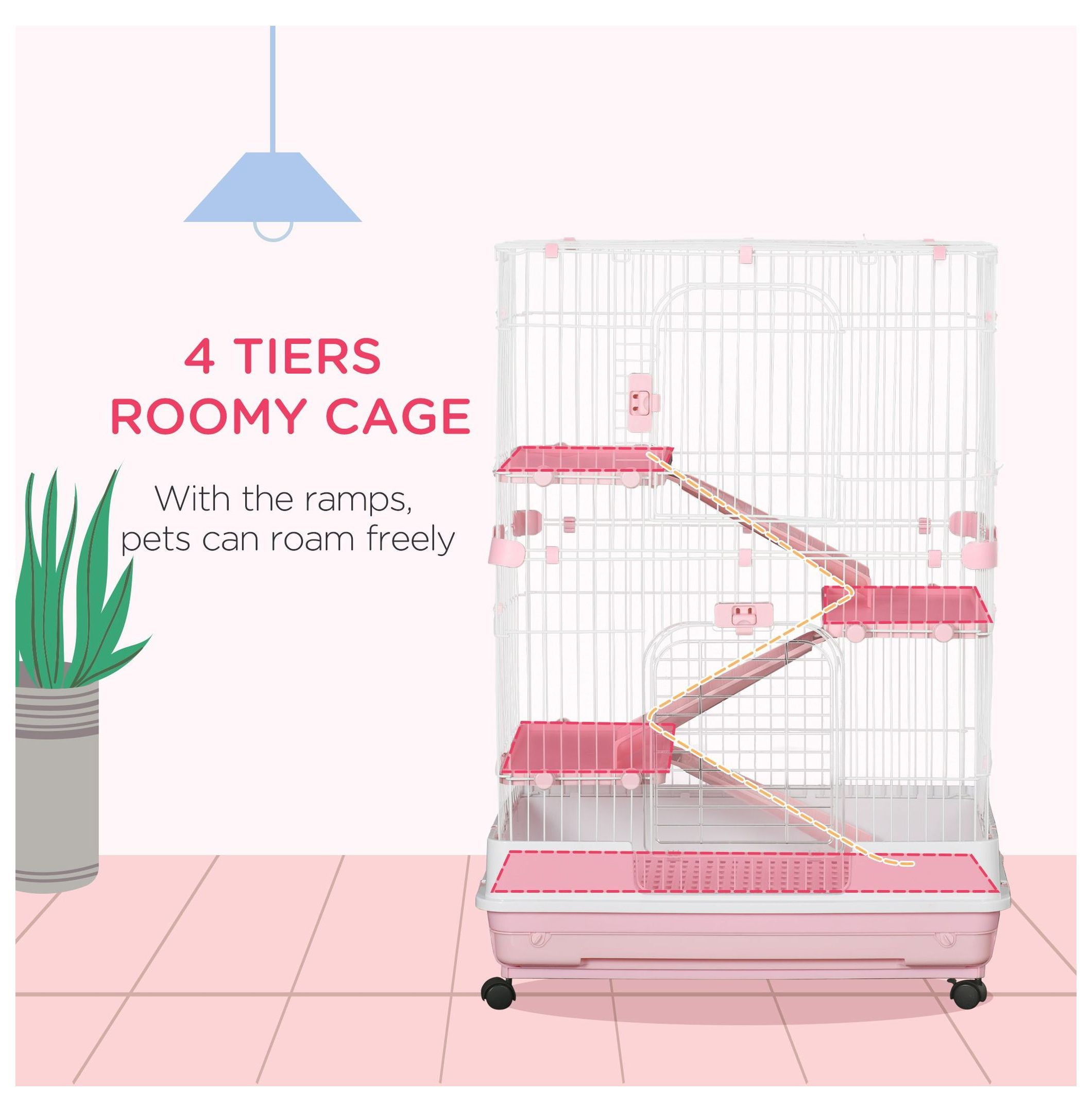 32L 4-Level Small Animal Cage, Rabbit Hutch with Wheels & Tray, Pink - Bunny, Chinchilla, Ferret Habitat