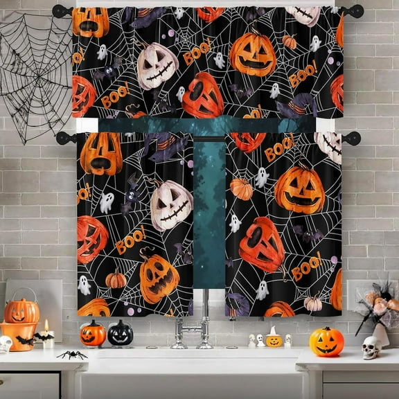 Halloween Pumpkins Spider Web Kitchen Window Curtains and Valances Set 36 Inch, Bat Ghost Black Short Tier Curtain for Cafe Living Room Bathroom, Halloween 3 Pieces Set Kitchen Decor
