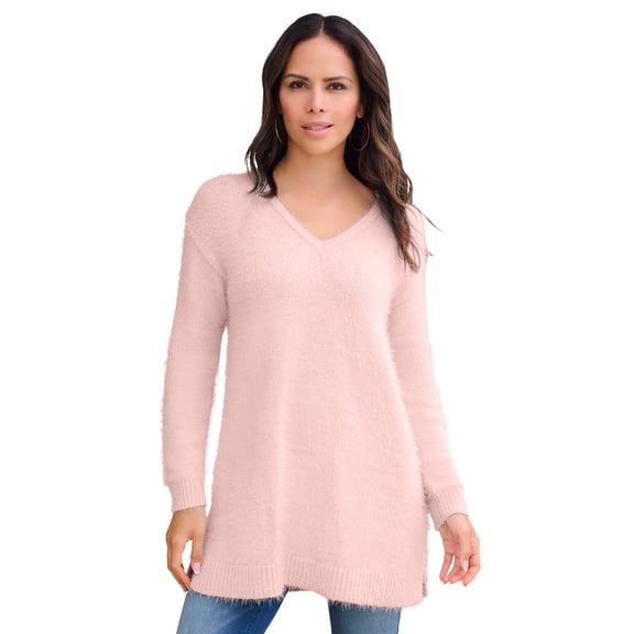 Roaman's Women's Plus Size Eyelash V Neck Sweater