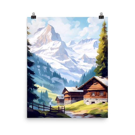 Wengen Switzerland Print, Swiss Alps Log Cabin Wall Art, European Mountain Poster, Alpine Travel Decor, Countryside Artwork Home Decor #4149, Unframed Poster Size 8x12