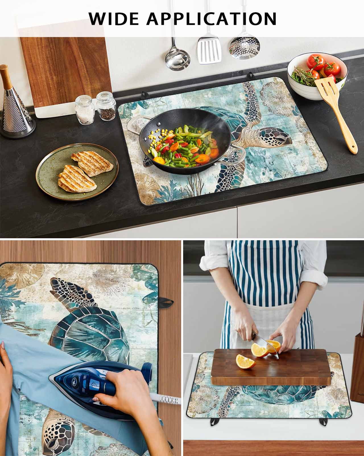 nqOlkjepod Large Induction Cooktop Protector Mat 36"x21", Teal Coastal Turtle Stove Top Covers for Electric Stove, Vintage Watercolor Marine Life Stove Burner Cover Mats, Glass Top Stove Cover
