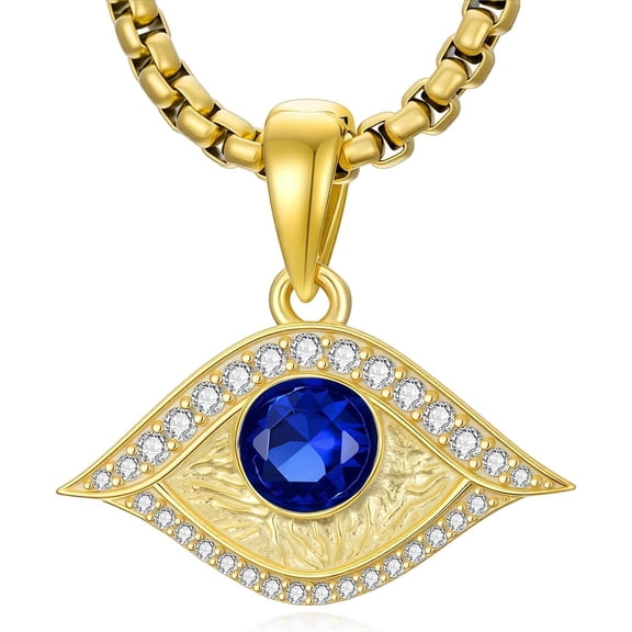 Evil Eye Necklace 925 Sterling Silver 18K Gold Plated Blue Sapphire Evil Eye Pendant Jewelry for Men Women, w/Stainless Steel Chain 22''   2''