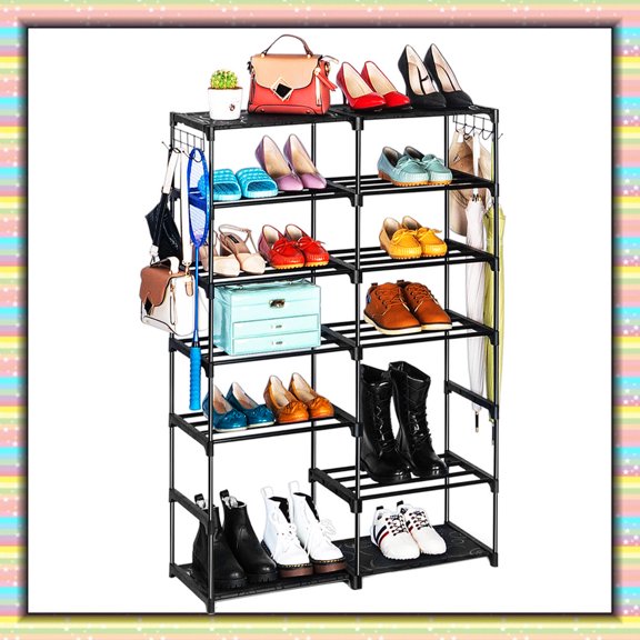 7 Tier Metal Shoe Storage Rack with Hanger,Boots High Heels Slippers Organizer Storage for 24-30 Pairs (Black)