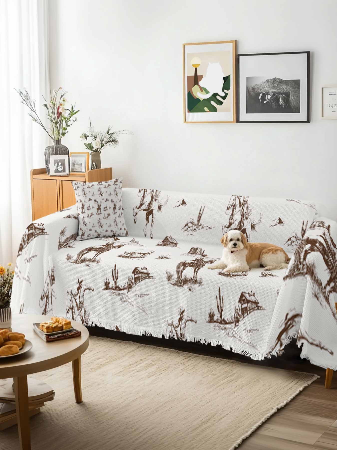 Western Cowboy Couch Cover for Dogs, Retro Desert Cactus Country Cowboy Brown Washable Sofa Covers Slipcover for Pets Dogs Futon Cover, Couch Recliner Covers, Oversized Chair Slipcover 71"x91"