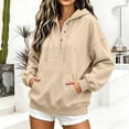 thumbnail image 2 of Feancey Fashion Pullover Hoodies for Women Quarter Button Henley Neck Hooded Sweatshirts Oversized Fleece Lined Drawstring Hoodie Casual Fall Tops with Pocket Beige L, 2 of 9