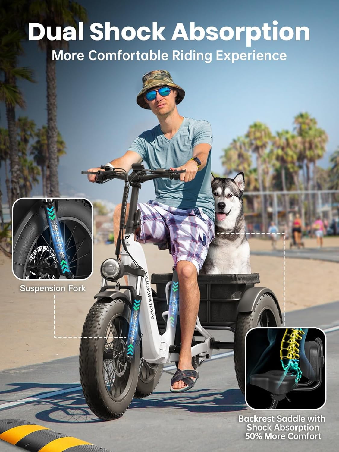 PUCKIPUPPY 20" Electric Tricycle for Adults 960W 60Miles Range 20mph Max Speed Fat Tire Electric Trike 48V 17.4AH Battery 3 Wheel Electric Bike 500lbs Load E-Mountain Bikes, Comply with UL2849 By SGS