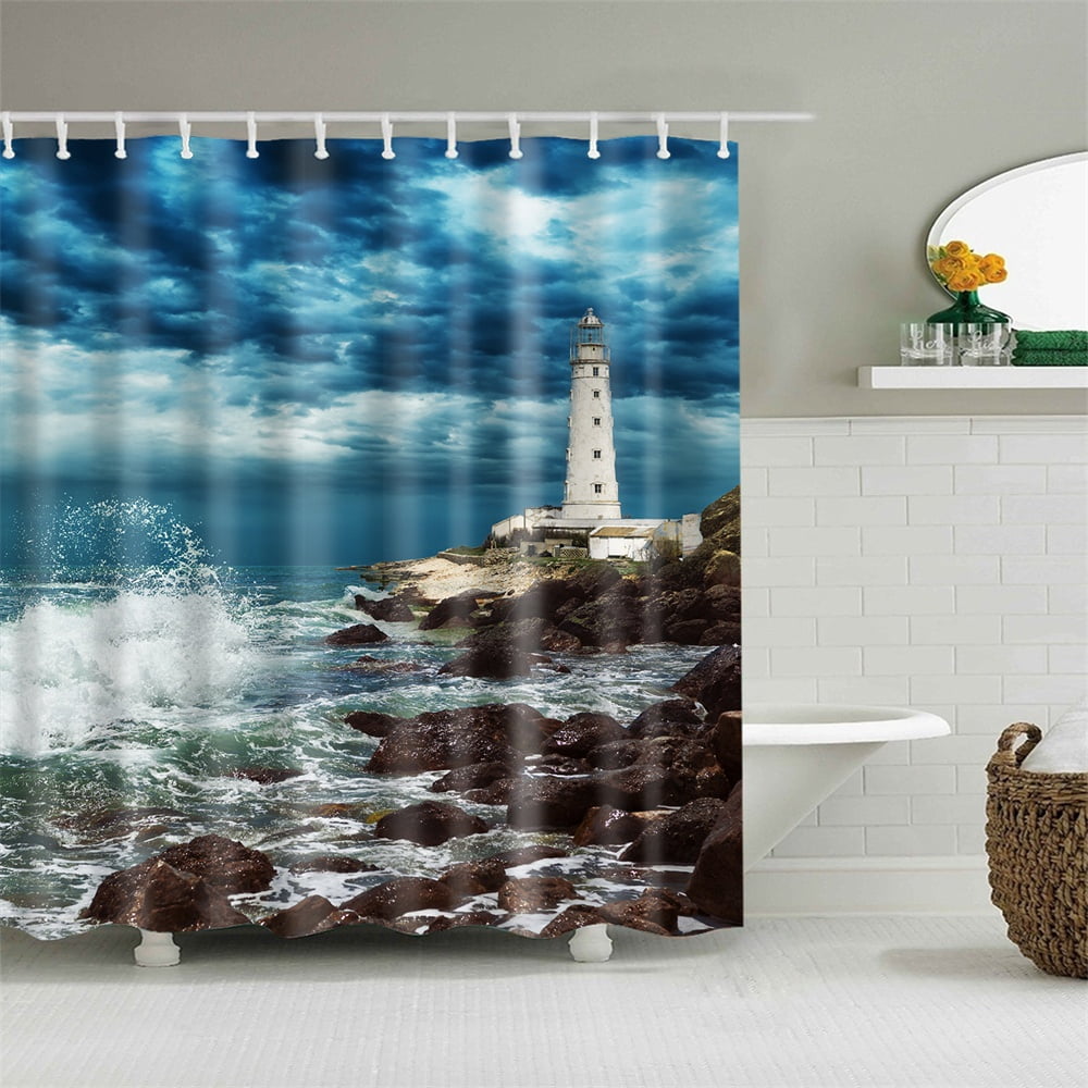 Shower Curtain Set With Hooks Light House White Ocean Wave Stones Blue Sky Bathroom Decor Waterproof Polyester Fabric Bathroom Accessories Bath Curtain Blue Walmart Canada