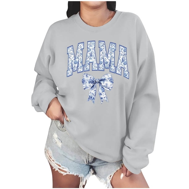 Penkiiy Mujeres de manga larga Mama Sudaderas de cuello redondo Suéter suelto blusa ligera Tops M Gris