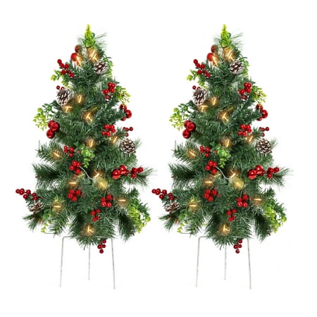 Best Choice Products Set of 2 24.5in Pre-Lit Pathway Christmas Trees Decor w/ LED Lights, Berries, Pine Cones,