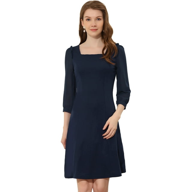 INSPIRE CHIC Women's Square Neck Ruffle Trim Sheer 3/4 Sleeve Chiffon Mini Dress 2 L