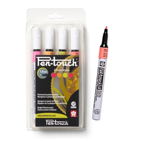 Sakura Pen-Touch Paint Markers - Permanent Marker Pen - Assorted Fluorescent Colors - Fine Tip Size - 4 Pack