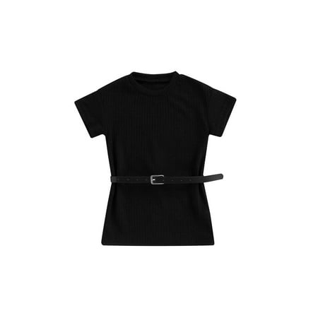 

Sunisery Little Baby Girls Dress Summer Autumn Solid Color Round Collar Short Sleeve Princess Skirt with Belt Black 3-4 Years