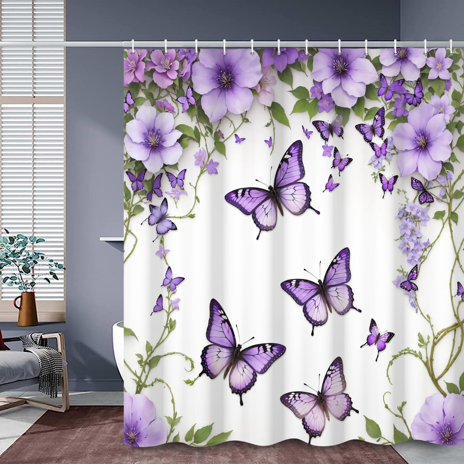 SUNOLIFE Purple Shower Curtain Butterfly Waterproof Fabric Bathroom Shower Curtains, 72x72 in