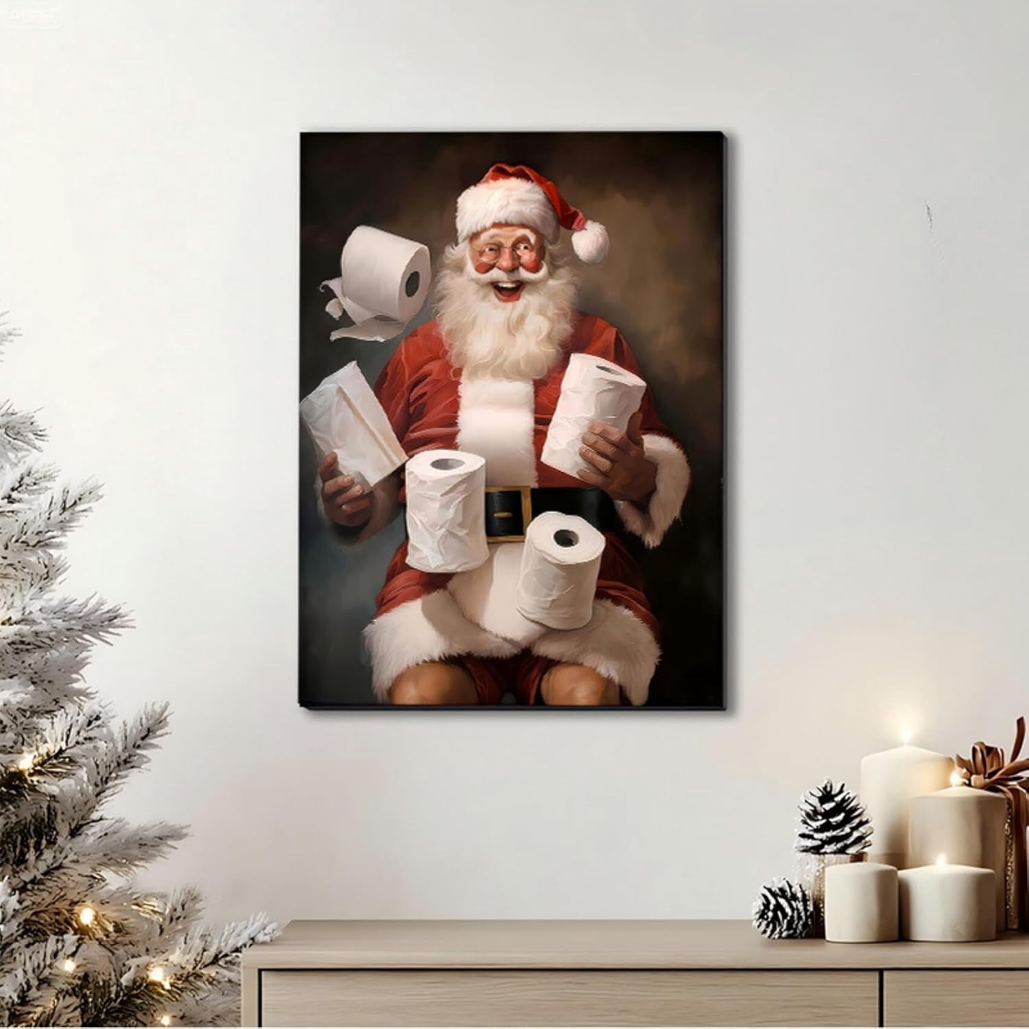 Funny Christmas Santa Bathroom Wall Art Prints, Winter Christmas Santa Claus Posters Pictures Wall Decor for Shower Room Bathroom Washroom, Framed Ready to Hang