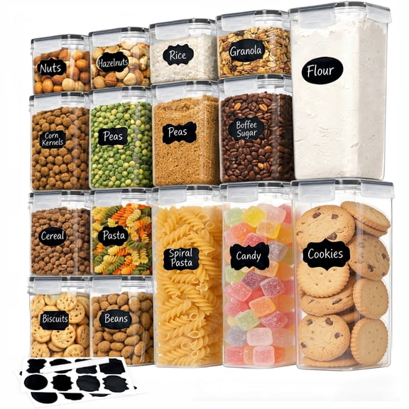 Airtight Food Storage Containers Set, 16 PCS Plastic Kitchen and Pantry Organization Canisters for Dry Food, Cereal, Flour & Sugar, Includes 16 Labels, Black