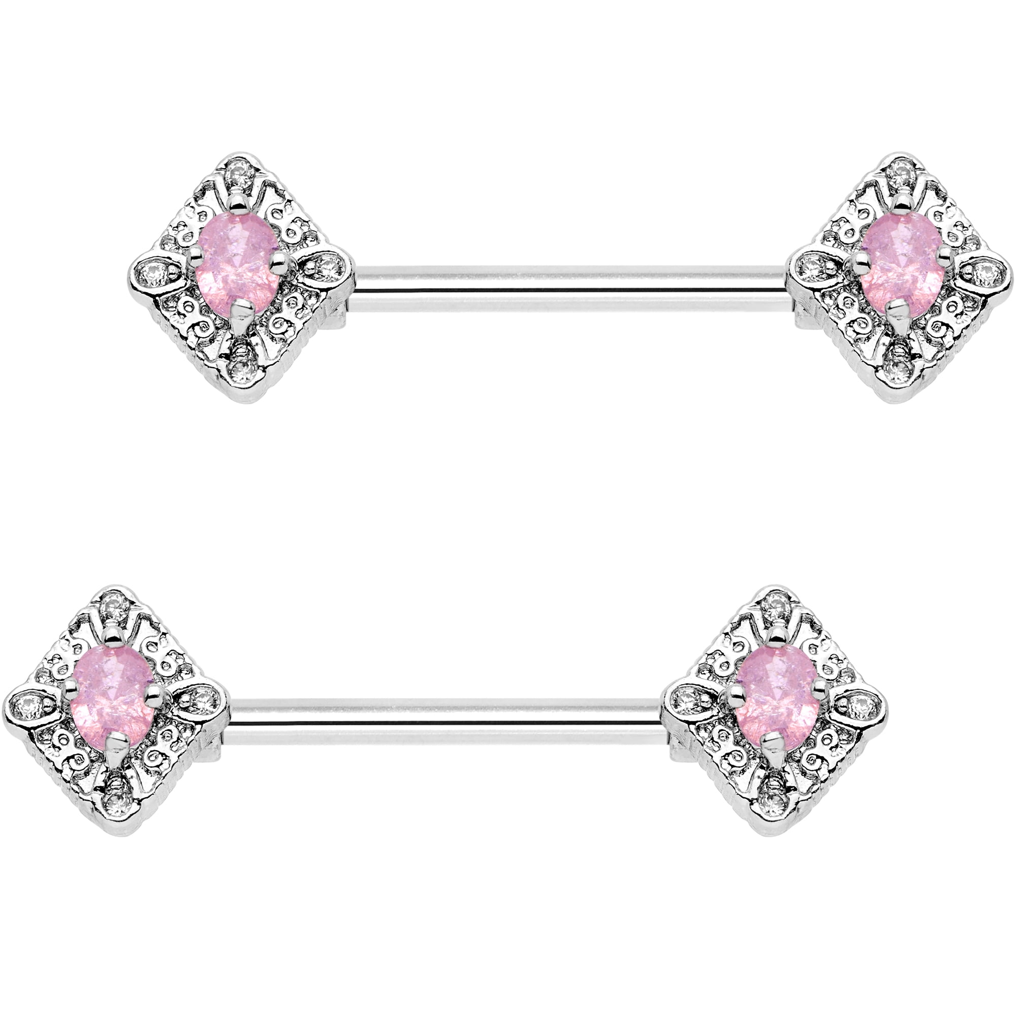 Body Candy Steel Clear Pink Accent Rococo Barbell Nipple Ring Set of 2 ...