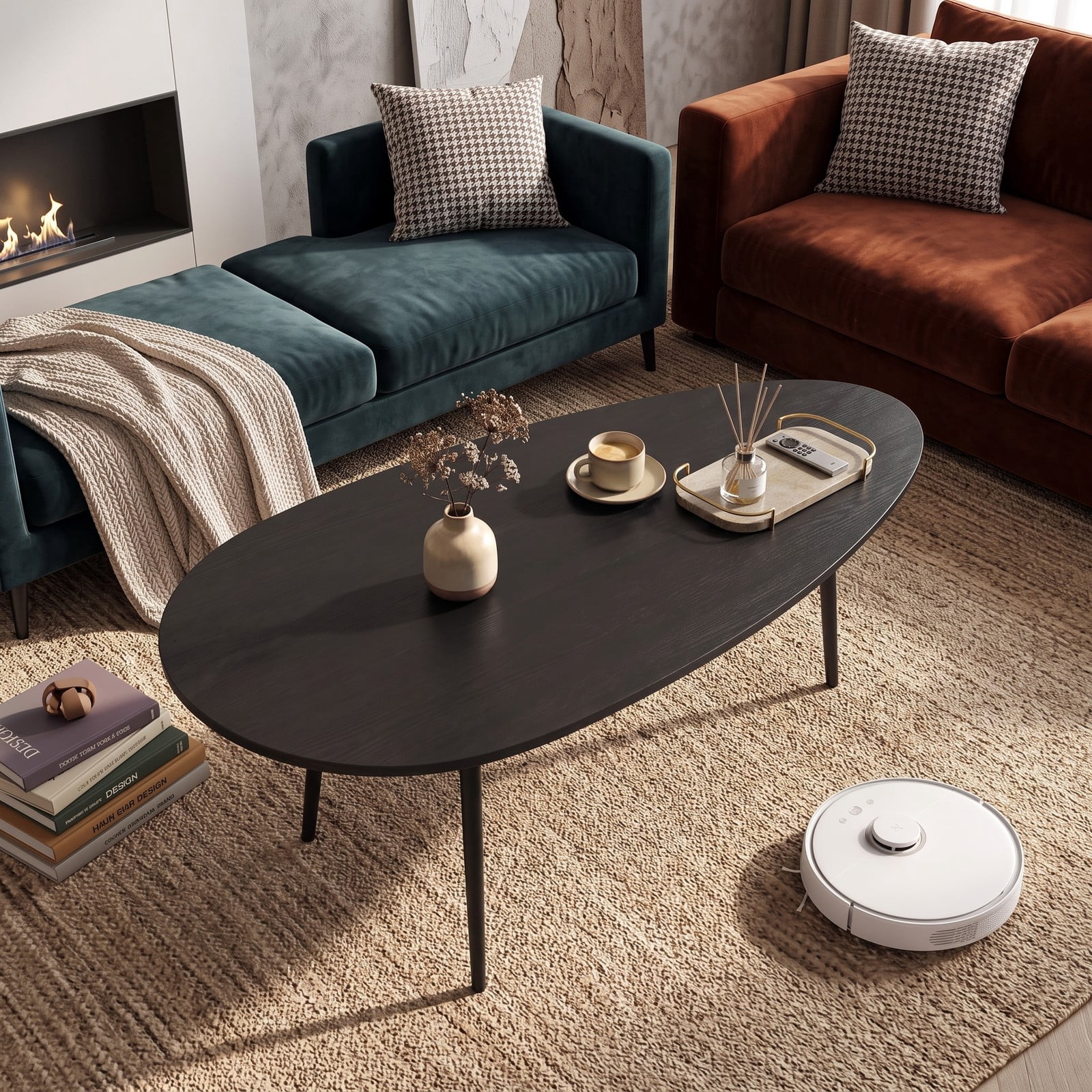 Furnibear Oval Coffee Table Mid Century Center Table with Sturdy Metal Frame, Open Storage Shelf & Adjustable Foot Pads for Living Room, Hallway & Lounge, Black