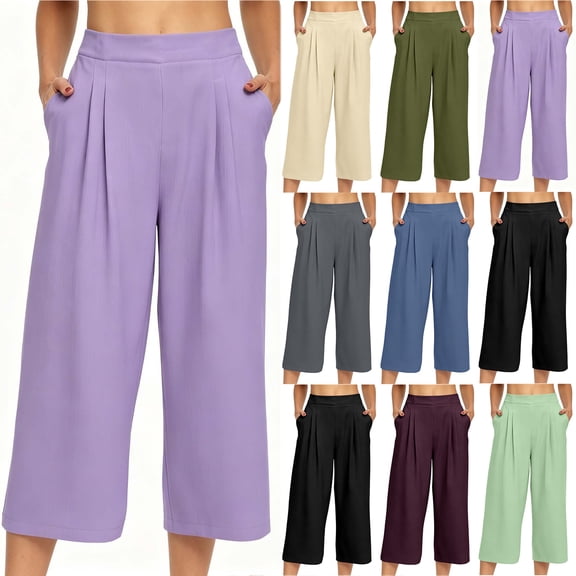 Bloomae Wide Leg Capri Pants for Women Lightweight Casual Summer Elastic Waisted Flowy Pleated Cropped Trousers Trendy Comfy Palazzo Capris with Pockets