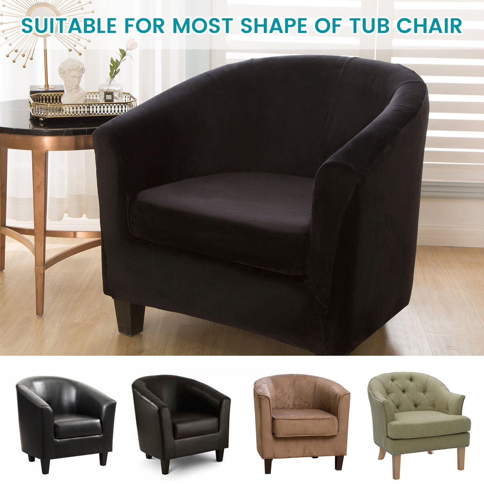 SHANNA Velvet Tub Chair Covers, 2 Pieces Stretch Modern Armchair Slipcovers Non Slip Sofa Couch Slipcover for Club Bar Counter Living Room Reception,With Separate Cushion Cover, Black, 2 Pack
