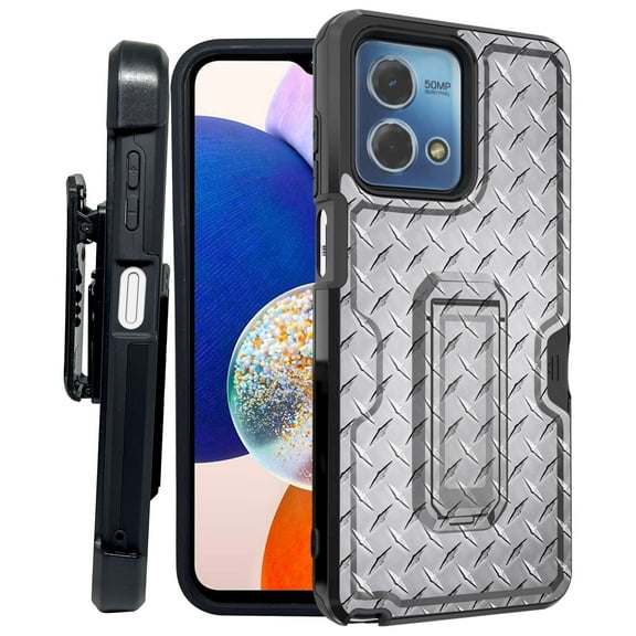 ANJ Rugged Shockproof Kickstand Hybrid Case with Card Slot and Holster Tempered Glass Cover for Motorola Moto G Stylus 5G (2023) - Silver Steel Plate