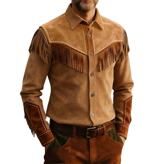 HXWCHs Men's Western Style Fringe Shirt Jacket Casual Butofn Down ofp for Outdoor Daily Wear S Brown