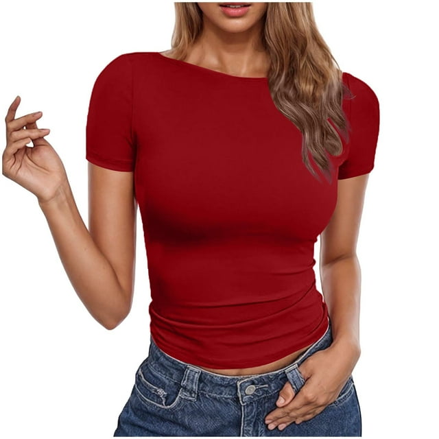 VOAVEKE T-Shirts pour Femmes, Hauts d'Été pour Femmes, T-Shirts Mode pour Femmes à Col Rond à Manches Courtes Tee Été Vêtements Unis Blouse Bordeaux 2TG