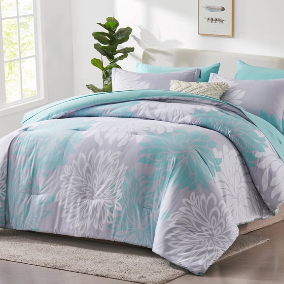 Flymme Floral Comforter Set Queen Size 7 Piece Bed in a Bag Queen Bed Sets Green Flowers Comforter Sets with Sheets for Teen Women Bedroom Decor