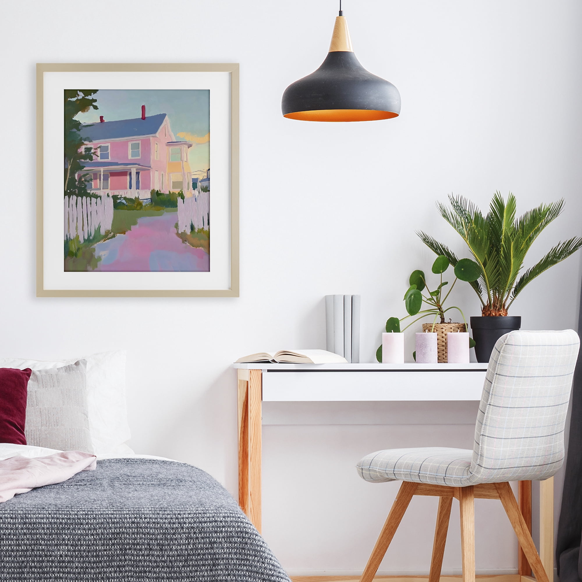 Stupell Industries Pastel Pink House with Fence Birch Framed Print Under Glass, design by The Prints Vibe