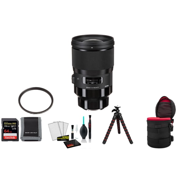 Sigma 28mm F/1.4 DG HSM Art Lens for Sony E 441965 Bundle with with 64GB Memory Card   UV Filter   Tripod and More