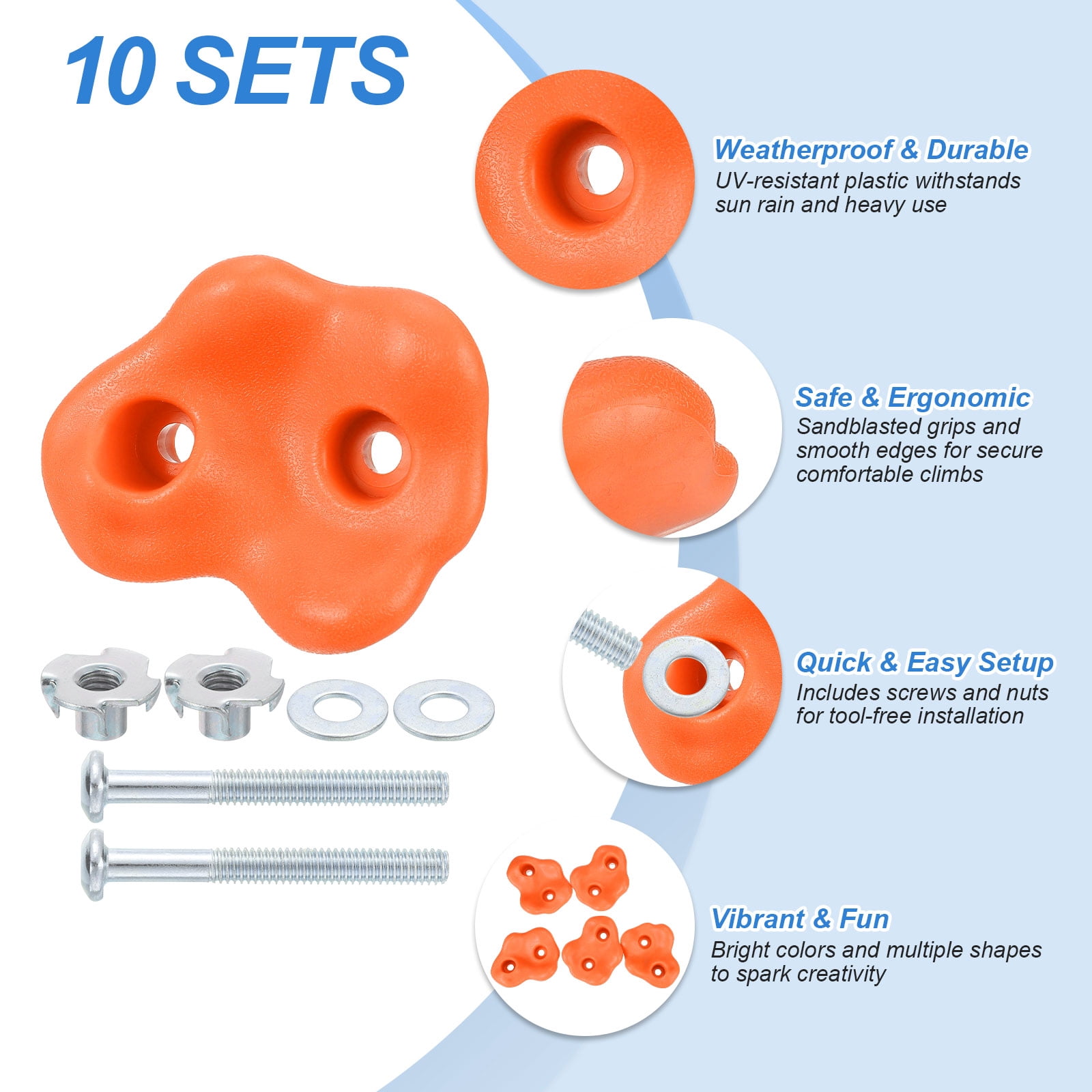 Rock Climbing Holds, 10 Pcs Large Climbing Rock Wall Grips with Double Hole for Playground Accessory, Orange Red-B