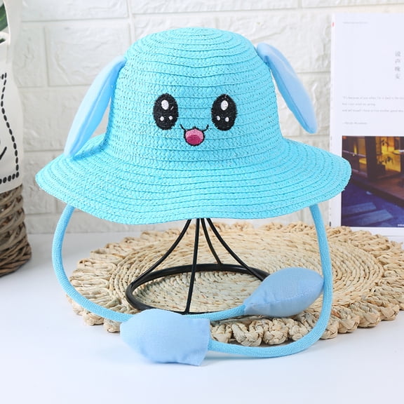 VOUZZA Straw Hat with Magic Moving Ears, Cute Cartoon Rabbit Sun Protection Cap with Squeeze Ear Flaps, Wide Brim Summer Beach Hat for Kids