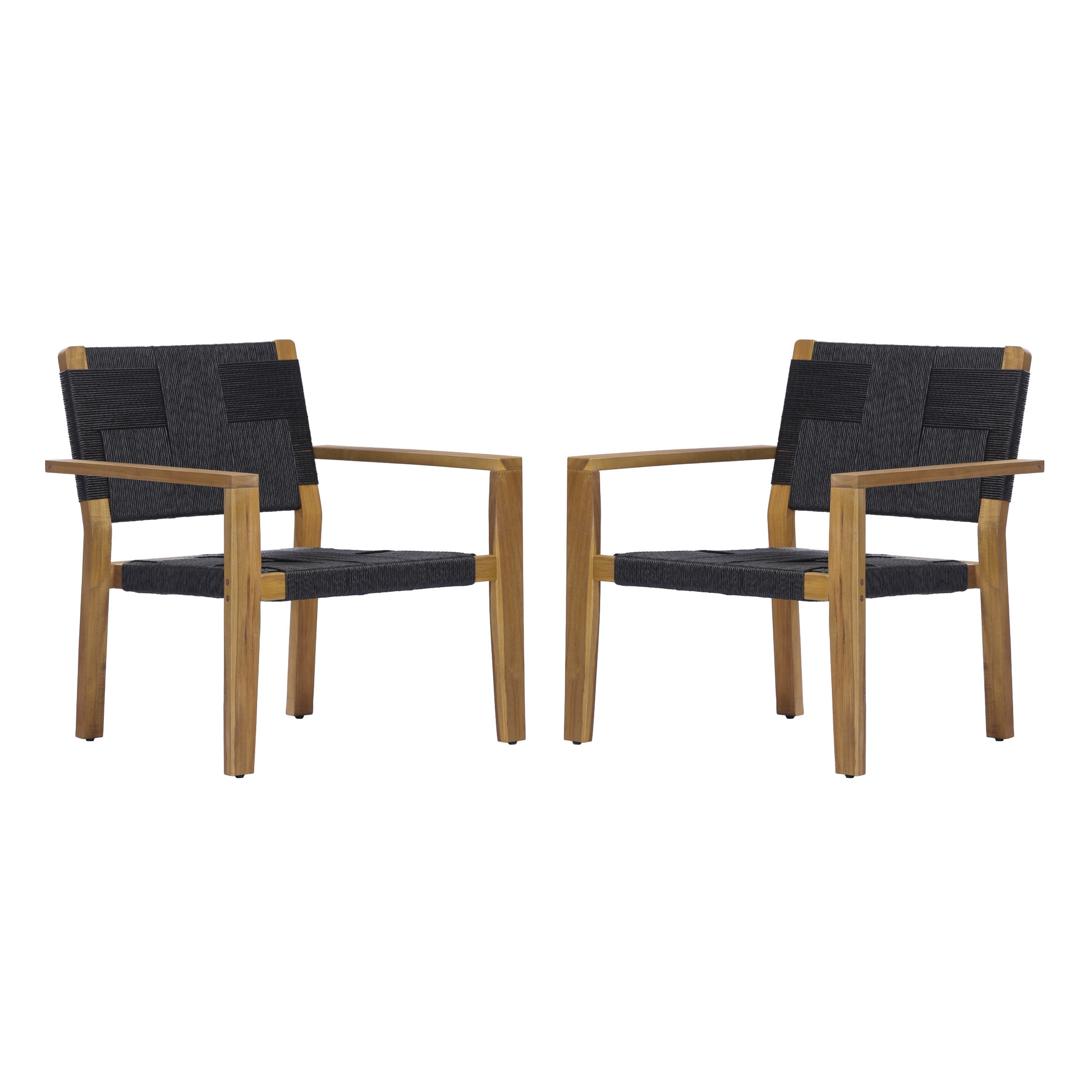 Christopher Knight Home Set of 2 Outdoor Club Chairs, Acacia Wood Frame with Rope Weave, Teak + Black